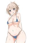  aoyama_blue_mountain bikini blonde_hair blue_bikini blue_eyes blush breasts gochuumon_wa_usagi_desu_ka? highleg highleg_bikini highleg_swimsuit highres large_breasts looking_at_viewer micro_bikini navel open_mouth ponytail shiso_azuki simple_background smile solo swimsuit white_background 