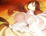  breasts brown_hair cape dutch_angle gradient gradient_background hair_ribbon highres large_breasts light long_hair looking_at_viewer miya9 open_mouth puffy_sleeves red_eyes reiuji_utsuho ribbon shirt short_sleeves skirt solo third_eye touhou wings 