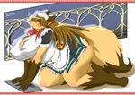  big_breasts breasts brown_hair canine cleaning clothing erect_nipples female fox furry kneeling long_hair maid maid_uniform mammal overweight red_eyes solo uniform ymbk 