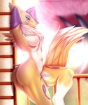  1girl 2016 animal_ears anthro arms_behind_head blue_eyes blush breasts clothing digimon doomthewolf female furry gloves hi_res no_humans nude renamon solo tail yellow_skin 