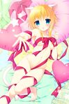  animal_ears bad_id bad_pixiv_id bangs barefoot bed_sheet blonde_hair blue_eyes blush bow breasts cat_ears cat_tail collarbone covered_nipples foreshortening full_body heart heart_pillow highres looking_at_viewer lying minatsuki_alumi naked_ribbon navel nude on_back original outstretched_arm parted_lips pillow reaching reaching_out red_bow red_ribbon ribbon short_hair small_breasts solo star tail tareme 