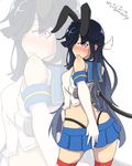  2016 animal_ears back black_hair bunny_ears cosplay covering covering_ass dated elbow_gloves gloves hair_over_one_eye hayashimo_(kantai_collection) kantai_collection long_hair microskirt pleated_skirt ru2n131 shimakaze_(kantai_collection) shimakaze_(kantai_collection)_(cosplay) skirt solo striped striped_legwear sweatdrop thighhighs thong white_gloves zoom_layer 