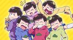  6+boys bad_id bad_pixiv_id bowl_cut brothers cat crossed_arms esper_nyanko glasses hands_on_hips heart heart_in_mouth hood hoodie koutou_(akzkr09) male_focus matsuno_choromatsu matsuno_ichimatsu matsuno_juushimatsu matsuno_karamatsu matsuno_osomatsu matsuno_todomatsu messy_hair multiple_boys osomatsu-kun osomatsu-san sextuplets shorts siblings simple_background sleeves_past_wrists smile striped striped_background wiping_nose yellow_background 