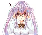  1girl :o adjusting_eyewear black-framed_eyewear bow bowtie brown_eyes cardigan glasses hair_ornament long_sleeves open_mouth original p19 parted_lips purple_hair shirt simple_background sleeves_past_wrists solo twintails white_background white_shirt yellow_bow yellow_neckwear 