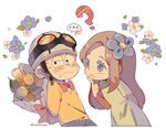  1boy 1girl ? arms_behind_back bald behind_back blue_eyes blush_stickers bouquet bow bowtie chibita flower flower_fairy_(osomatsu-kun) food goggles goggles_on_headwear hair_flower hair_intakes hair_ornament looking_at_another looking_away oden osomatsu-kun osomatsu-san petals simple_background spoken_ellipsis sweatdrop twitter_username white_background yooroongoo 