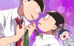  2boys :&lt;&gt; blush brothers choroko_(osomatsu-san) dual_persona fujoshi glasses green_neckwear hair_bun heart highres incest looking_at_another matsuno_choromatsu matsuno_osomatsu multiple_boys necktie necktie_grab necktie_removed neckwear_grab osomatsu-kun osomatsu-san purple_background red_neckwear siblings sleeves_rolled_up sparkle sweatdrop tomaru_(sachi911) yaoi 