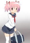  alternate_costume bag commentary_request kaname_madoka looking_at_viewer mahou_shoujo_madoka_magica nou_(pixiv754269) official_style pink_eyes pink_hair school_bag school_uniform serafuku short_twintails solo thighhighs twintails white_legwear 