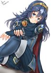  blue_cape blue_eyes blue_footwear blue_gloves blue_hair blue_legwear blush boots cape dated dutch_angle emblem fingerless_gloves fire_emblem fire_emblem:_kakusei gloves hair_between_eyes hands_on_own_knee head_tilt january long_hair looking_at_viewer lucina pantyhose shiny shiny_clothes shoulder_pads signature sitting skin_tight smile solo striped tiara very_long_hair yappen 