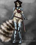  anthro areola armor breasts chanrom female invalid_tag looking_at_viewer mammal melee_weapon navel nipples pussy red_panda simple_background solo sword weapon 