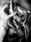  anthro canine chanrom female looking_at_viewer mammal monochrome simple_background smile solo 