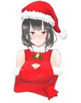 alternate_costume bell black_hair blush bobblehat breasts cleavage cleavage_cutout commentary_request crying crying_with_eyes_open detached_sleeves elbow_gloves gloves hat kantai_collection keionism large_breasts looking_at_viewer nose_blush red_eyes red_gloves santa_costume santa_hat short_hair simple_background sleeveless solo sweatdrop takao_(kantai_collection) tears upper_body white_background 