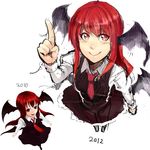  2010 2012 :d arm_up bat_wings black_legwear blush collared_shirt dated dress_shirt foreshortening frills from_above full_body hair_between_eyes head_wings index_finger_raised inugami_akito juliet_sleeves koakuma long_hair long_sleeves looking_at_viewer low_wings multiple_views necktie open_mouth pantyhose puffy_sleeves red_eyes red_hair red_neckwear see-through shirt sidelocks simple_background sketch skirt skirt_set smile tie_tab touhou vest white_background white_shirt wings 