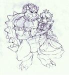  2010 anthro bowser breasts claws clothed clothing crown dress duo female hair hat human koopa long_hair male mammal mario_bros monochrome nintendo nude princess_peach scalie shell simple_background size_difference sketch spikes teeth tigerlilylucky toe_claws traditional_media_(artwork) video_games white_background 