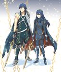  1girl blue_eyes blue_gloves blue_hair chain falchion_(fire_emblem) father_and_daughter fingerless_gloves fire_emblem fire_emblem:_kakusei gloves holding holding_sword holding_weapon krom long_hair lucina mejiro project_x_zone project_x_zone_2 sword weapon 
