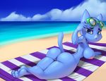  anthro beach beach_towel blue_fur breasts butt cat crossed_ankles eyewear feline female fur looking_at_viewer looking_back mammal mature_female mother nicole_watterson nipples nude parent pussy seaside solo sunglasses the_amazing_world_of_gumball thefuckingdevil 