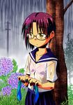  bra flower glasses hydrangea original purple_hair rain school_uniform see-through serafuku solo tommy_region underwear uniform wet wet_clothes 