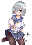  artist_name blue_eyes bob_cut breasts brown_legwear collarbone cowboy_shot gloves hair_ornament hair_over_one_eye hairclip hamakaze_(kantai_collection) impossible_clothes jotarozaku kantai_collection large_breasts looking_at_viewer pantyhose pleated_skirt school_uniform serafuku short_hair short_sleeves signature silver_hair simple_background skirt solo tsurime white_background white_gloves 