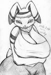  2016 anthro big_breasts breasts chest_tuft cleavage clothed clothing cocolog ear_piercing female huge_breasts japanese_text kemono lagomorph looking_at_viewer mammal monochrome multiple_piercings piercing rabbit simple_background sketch solo text tuft wide_hips 
