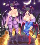  animal_print bare_shoulders bat_print bat_wings black_footwear blush boots breast_hold breasts bridal_gauntlets cleavage cosplay covering covering_breasts crescent_moon demon_girl elbow_gloves embarrassed fusou_(kantai_collection) gloves halloween hat head_wings highres jewelry kantai_collection large_breasts leotard lilith_aensland lilith_aensland_(cosplay) long_hair looking_at_viewer moon morrigan_aensland morrigan_aensland_(cosplay) multiple_girls pantyhose print_legwear pumpkin red_footwear red_leotard ring rokushiru_(muzai-p) short_hair star torn_clothes undersized_clothes vampire_(game) wedding_band wings witch_hat yamashiro_(kantai_collection) 