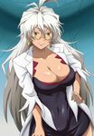  banboro_(technobot) breasts cleavage commentary_request earrings glasses jewelry koukaku_no_pandora labcoat large_breasts silver_hair solo uzal_delilah 