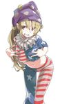  american_flag_dress american_flag_legwear bangs bent_over blonde_hair breasts clownpiece crop_top double_v duplicate frilled_shirt_collar frills grin hands_on_own_chest hat highres jester_cap leaning_forward long_hair midriff muchi_maro naughty_face navel neck_ruff pantyhose polka_dot red_eyes simple_background small_breasts smile solo thigh_gap touhou v white_background 