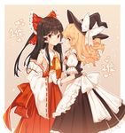  apron ascot bad_id bad_twitter_id bare_shoulders black_hair black_hat blush border bow braid brown_eyes detached_sleeves frilled_apron frilled_bow frilled_shirt_collar frills from_side gloves hair_bow hair_ribbon hair_tubes hajin hakurei_reimu hand_on_another's_hip hat hat_bow heart holding_hands interlocked_fingers japanese_clothes kirisame_marisa long_hair long_sleeves looking_at_viewer miko multiple_girls orange_eyes orange_hair outline outside_border petticoat ponytail profile puffy_short_sleeves puffy_sleeves red_bow red_ribbon ribbon ribbon-trimmed_sleeves ribbon_trim sarashi shirt short_sleeves side_braid sidelocks simple_background single_braid skirt skirt_set smile standing tan_background touhou vest waist_apron wavy_hair white_apron white_border white_bow white_gloves white_outline wide_sleeves witch_hat yellow_neckwear yuri 