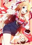  blonde_hair blue_eyes candy food hair_ribbon lollipop long_hair muffin overalls ribbon rizky_(strated) short_shorts shorts solo 