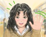  amagami black_hair blazer blurry depth_of_field eyelashes green_eyes hallway hand_up jacket lips long_hair looking_at_viewer messy_hair offter open_collar open_mouth school_hall smile solo_focus sweater tanamachi_kaoru upper_body waving 