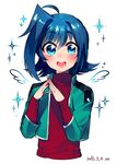  2015 ahoge artist_name blue_eyes blue_hair blush cardfight!!_vanguard dated drawn_wings fingers_together highres male_focus open_mouth ribbed_sweater sendou_aichi smile solo sparkle sweater wings yuu_(7862260010) 