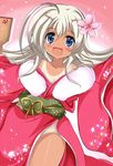  :d ahoge alternate_costume blue_eyes collarbone flower hair_flower hair_ornament hanetsuki japanese_clothes kantai_collection kimono long_hair looking_at_viewer new_year no_panties open_mouth petals ro-500_(kantai_collection) silver_hair smile solo tan tanline tonchinkan 