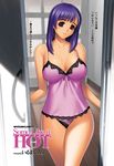  blue_hair breasts brown_eyes highres iruma_kamiri lace_trim large_breasts lingerie lipstick makeup opening_door solo standing translation_request underwear underwear_only 