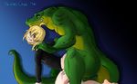  2016 5_fingers all_fours anal anal_penetration anthro big_dom_small_sub blonde_hair blue_eyes blush bottomless butt claws clothed clothing crocodile dizmant doggystyle duo erection from_behind_position green_skin hair human human_on_anthro interspecies invalid_tag male male/male mammal one_eye_closed penetration penis precum reptile roa_ciel scales scalie sex shirt size_difference thigh viciouscroc wink yellow_eyes 