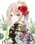  :d alternate_hairstyle aoyama_blue_mountain blue_eyes blush brown_hair eyebrows_visible_through_hair floral_print flower from_side gochuumon_wa_usagi_desu_ka? hair_between_eyes hair_ornament high_ponytail japanese_clothes kanzashi kimono lily_(flower) official_style open_mouth ponytail ryoutan short_hair simple_background smile solo tsumami_kanzashi upper_body white_background 