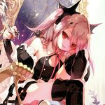  bad_id bad_pixiv_id black_dress black_legwear detached_sleeves dress krul_tepes long_hair looking_at_viewer official_art owari_no_seraph pink_hair red_eyes sitting smile solo thighhighs yamamoto_yamato 