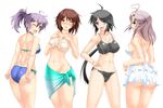  ahoge aoba_(kantai_collection) aqua_eyes arm_behind_back arms_behind_back ass back bangs bare_shoulders bikini black_bikini black_hair blue_scrunchie breasts brown_hair collarbone covered_nipples frilled_bikini frills furutaka_(kantai_collection) glowing glowing_eye green_eyes hair_ornament hairclip hand_on_hip hands_on_own_chest heterochromia kako_(kantai_collection) kantai_collection kinugasa_(kantai_collection) large_breasts long_hair looking_at_viewer messy_hair multiple_girls navel one_eye_closed open_mouth parted_bangs pink_hair ponytail purple_hair remodel_(kantai_collection) rokushiru_(muzai-p) scrunchie short_hair simple_background smile swimsuit tsurime white_background yellow_eyes 