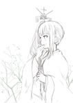  alternate_costume antennae branch commentary_request covered_mouth flower greyscale japanese_clothes kantai_collection kasumi_(kantai_collection) keionism kimono long_hair monochrome ornament plant side_ponytail simple_background smile solo tassel tree upper_body white_background 