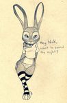  &lt;3 clothing disney english_text female hand_on_hip jewelry judy_hopps lagomorph legwear looking_at_viewer mammal midriff monochrome navel necklace panties rabbit shirt solo stockings text tush underwear zootopia 