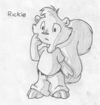  anthro barefoot belt buckteeth cel_shading clothing cub english_text front_view greyscale jeans male mammal mizzyam monochrome nude pants pencil_(artwork) rickie_squirrel rodent shirt solo squirrel standing teeth text traditional_media_(artwork) wondering young 