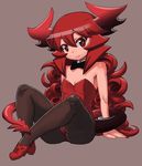  bare_shoulders black_legwear bow bowtie breasts curly_hair demon_girl demon_horns demon_tail detached_collar full_body horns leotard long_hair looking_at_viewer maou_beluzel matsuda_yuusuke pantyhose playboy_bunny_leotard red_eyes red_footwear red_hair red_leotard shoes sitting small_breasts smile solo tail wrist_cuffs younger yuusha_to_maou 