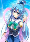  aqua_(konosuba) arui_ryou blue_eyes blue_hair blush breasts hagoromo hair_ornament kono_subarashii_sekai_ni_shukufuku_wo! large_breasts long_hair ribbon shawl skirt smile solo 