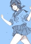  :d blue blue_background commentary_request fubuki_(kantai_collection) kantai_collection kouji_(campus_life) low_ponytail monochrome open_mouth pleated_skirt ponytail school_uniform serafuku short_hair short_ponytail short_sleeves sketch skirt smile solo 