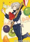  blueberry cake company_name flag food food_on_face fruit gloves gloves_removed green_eyes hotarumaru kiwifruit konnosuke male_focus nitroplus official_art orange orange_slice oversized_object rururara silver_hair star strawberry touken_ranbu track_suit wafer_stick whipped_cream white_gloves 