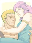  1girl armlet blonde_hair blue_dress brown_eyes carrying couple dress eye_contact falco hand_on_another's_back hand_on_another's_neck hetero hokuto_no_ken krkkrk2701 lifting lifting_person long_hair looking_at_another muscle myuu pink_hair smile suspenders yellow_background 
