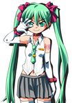  elbow_gloves gloves green_eyes green_hair hatsune_miku long_hair looking_at_viewer necktie simple_background skirt smile solo thighhighs tommy_region twintails very_long_hair vocaloid white_background white_gloves white_legwear 