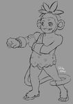  2016 action_pose anthro anthrofied balls barefoot barely_visible_genitalia bottomless clothed clothing cute_fangs digimon digital_drawing_(artwork) digital_media_(artwork) flaccid gloves greyscale line_art male mammal monkey monmon_(digimon) monochrome nokemy nude open_mouth penis plantigrade primate signature smile solo 