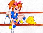  alvin_and_the_chipmunks bandage blue_eyes breasts brittany_miller brown_hair cheerleader chipmunk cleavage clothed clothing ctw36 female hair looking_at_viewer mammal ponytail rodent solo 