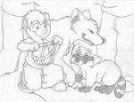  canine child digitigrade dog english_text eye_contact faceless_character feral fist greyscale grin group harness human kneeling male mammal mizzyam monochrome naughty_face pencil_(artwork) raccoon size_difference text traditional_media_(artwork) vice_(mizzyam) young 