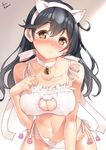  3: animal_ears bare_shoulders bell bell_choker black_hair blush bra breasts brown_eyes cat_cutout cat_ear_panties cat_ears cat_lingerie choker cleavage cleavage_cutout collarbone commentary_request covered_nipples fake_animal_ears hairband hand_on_own_chest jingle_bell kantai_collection large_breasts leaning_forward long_hair looking_at_viewer meme_attire navel nose_blush panties ribbon_choker side-tie_panties solo underwear underwear_only ushio_(kantai_collection) white_bra white_panties yappen 
