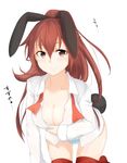  all_fours animal_ears blush breasts brown_eyes brown_hair bunny_ears bunny_tail cleavage dress_shirt highres kantai_collection kumano_(kantai_collection) long_hair looking_at_viewer mafuyu_no_mo medium_breasts open_clothes open_shirt panties ponytail shirt solo striped striped_panties tail tears thighhighs underwear 