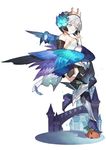  bird boots crown detached_sleeves dress feathers greaves green_eyes gwendolyn hair_ornament holding_arm jewelry multicolored multicolored_wings odin_sphere ring short_hair silver_hair solo standing standing_on_one_leg starshadowmagician strapless strapless_dress thighhighs wings 